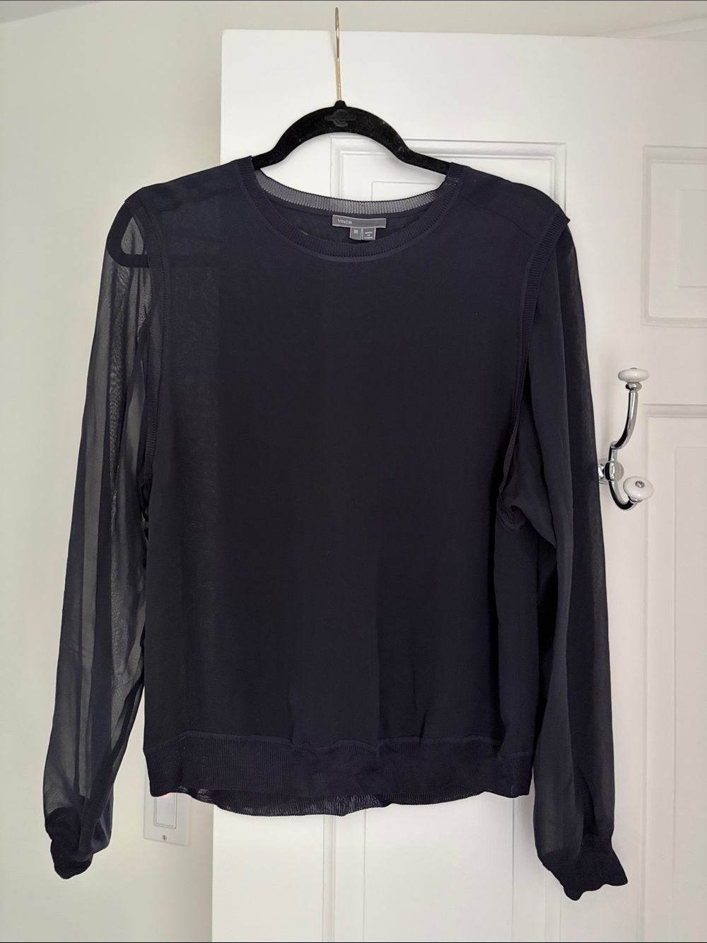 Vince Navy Sheer-Sleeve Crewneck Blouse
